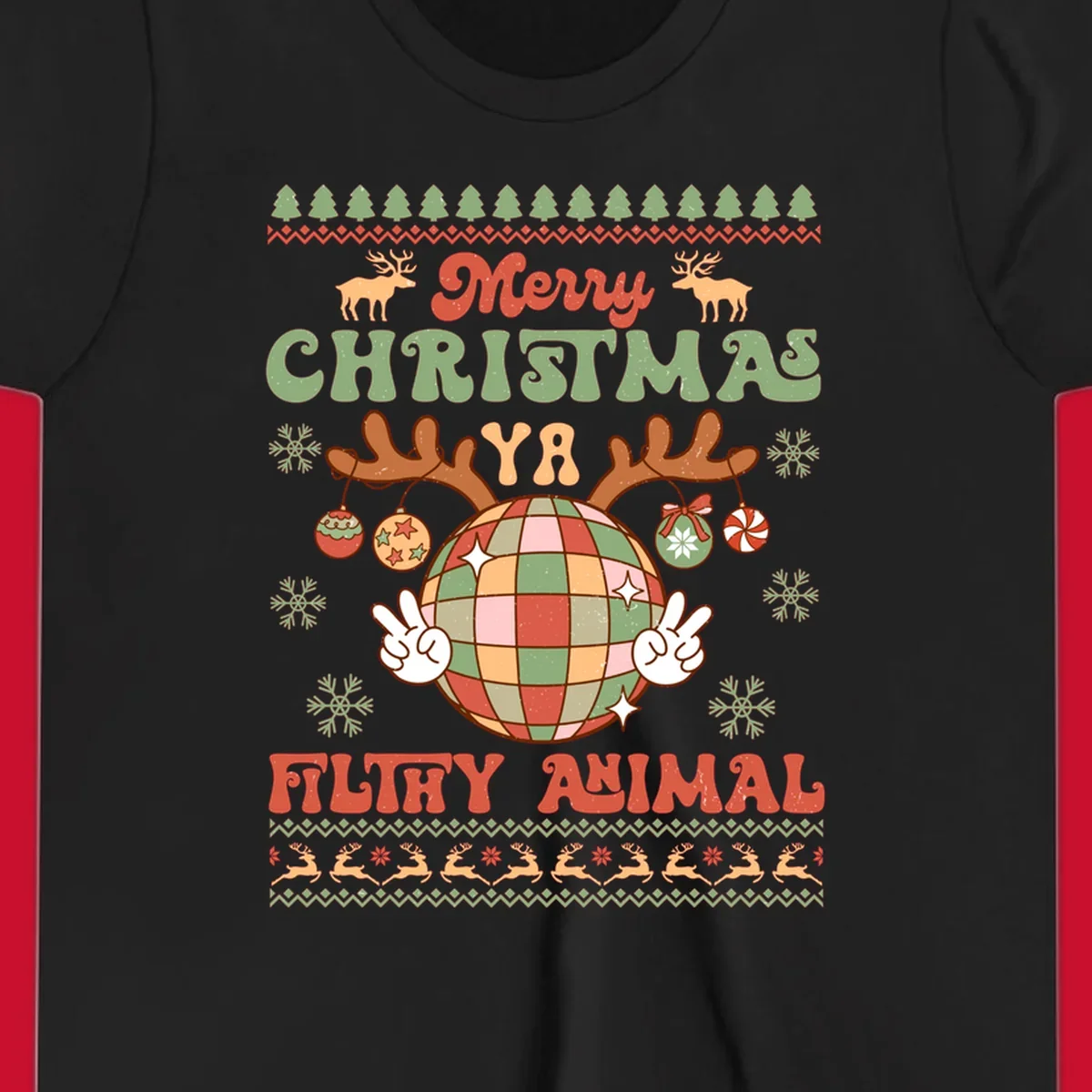 Filthy animal disco ball Christmas design with reindeer antlers and peace signs.