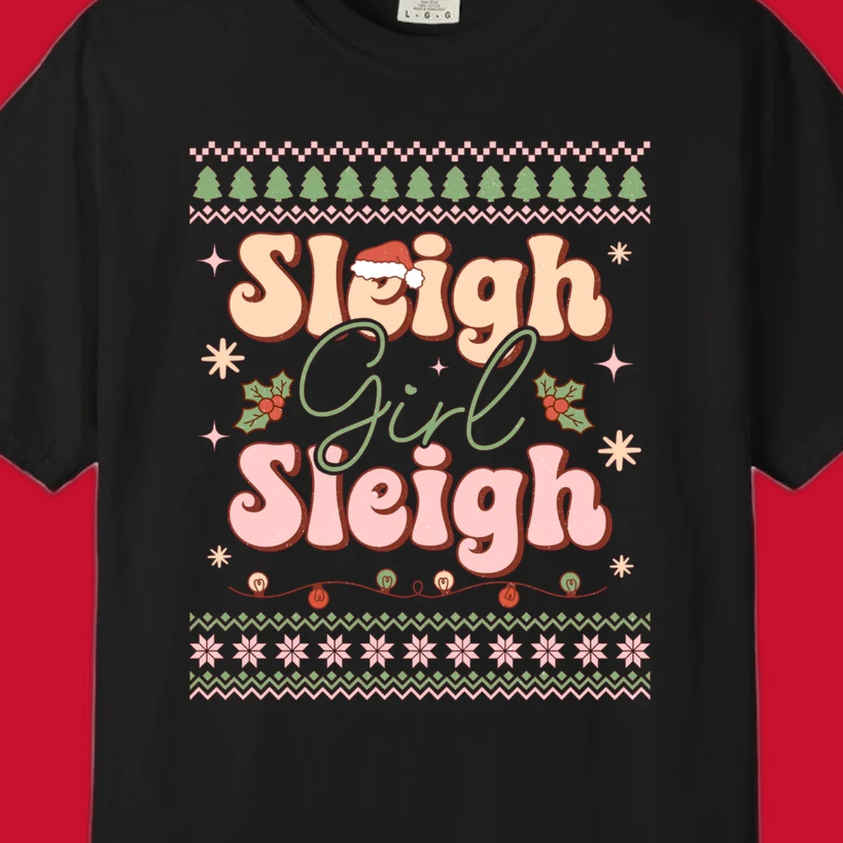 Sleigh Girl Sleigh retro groovy Christmas design with Santa hat, holly, and snowflakes.