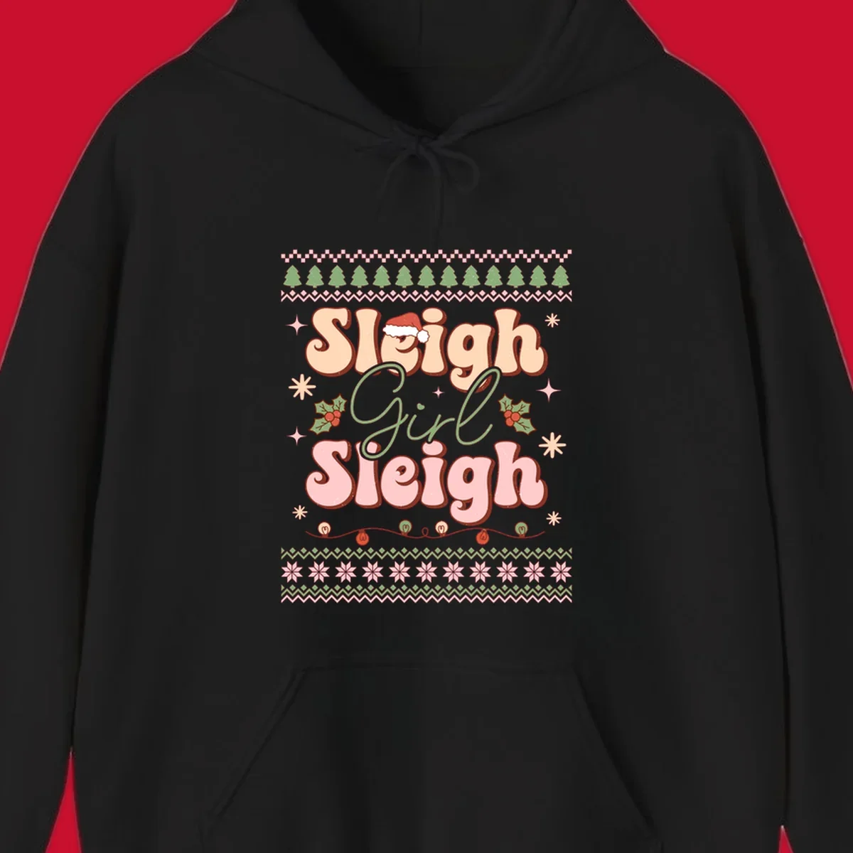 Sleigh Girl Sleigh retro groovy Christmas design with Santa hat, holly, and snowflakes.