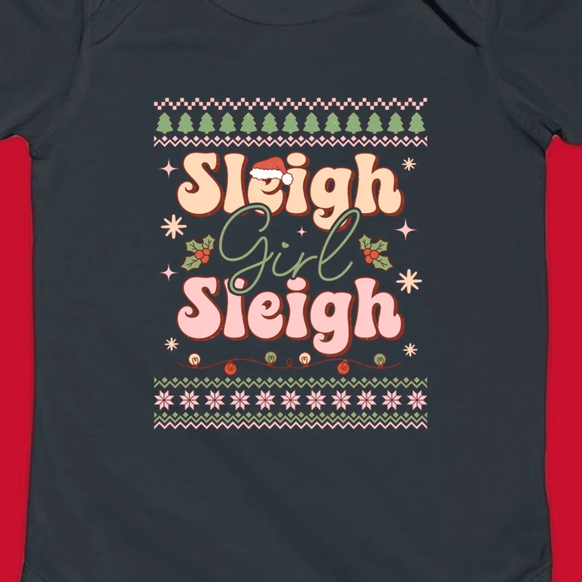Sleigh Girl Sleigh retro groovy Christmas design with Santa hat, holly, and snowflakes.