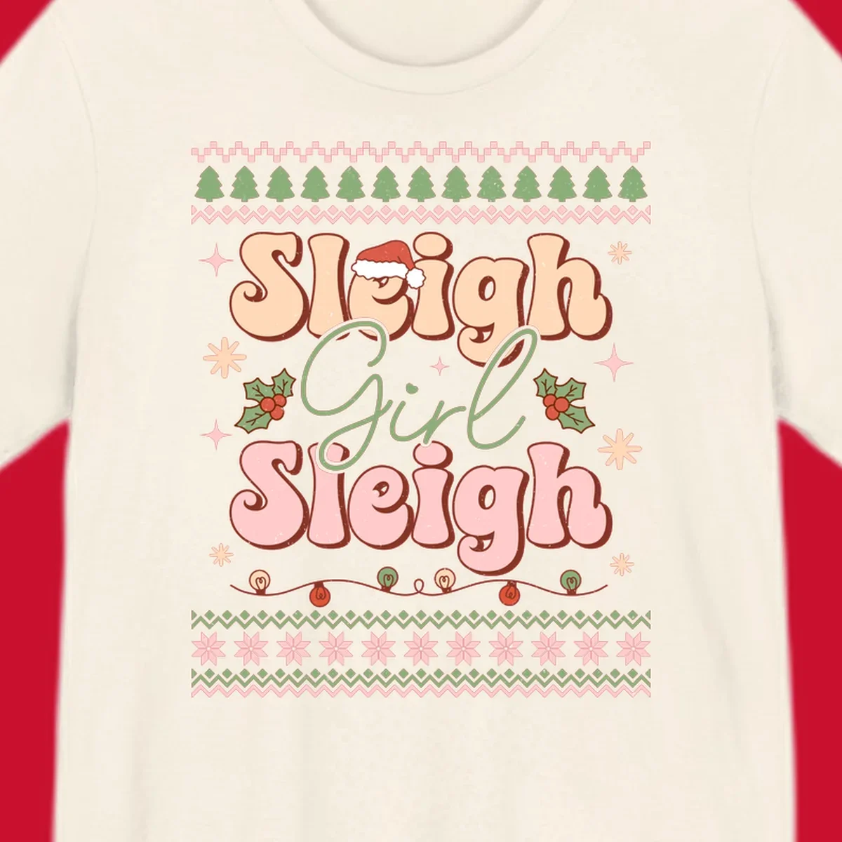 Sleigh Girl Sleigh retro groovy Christmas design with Santa hat, holly, and snowflakes.