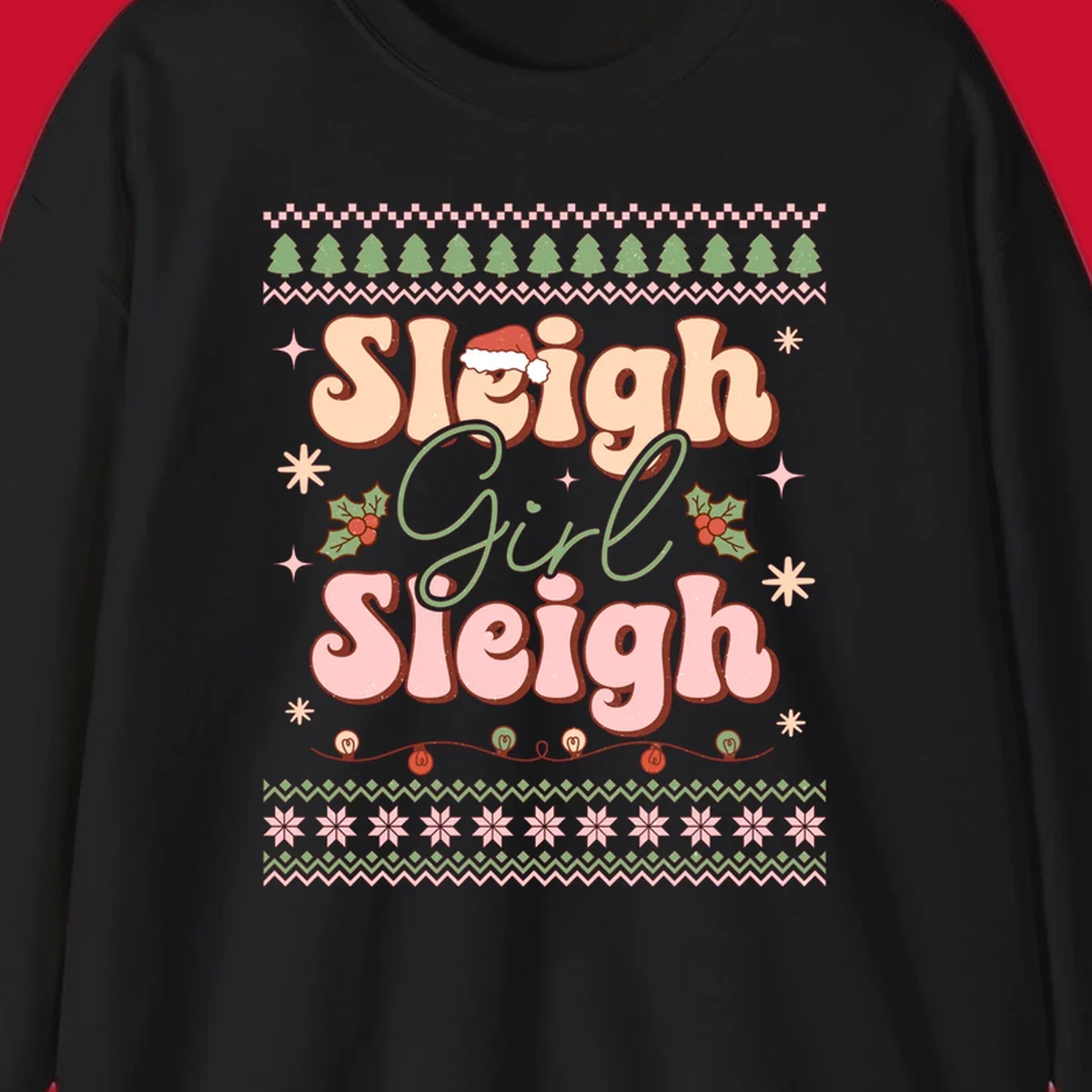 Sleigh Girl Sleigh retro groovy Christmas design with Santa hat, holly, and snowflakes.