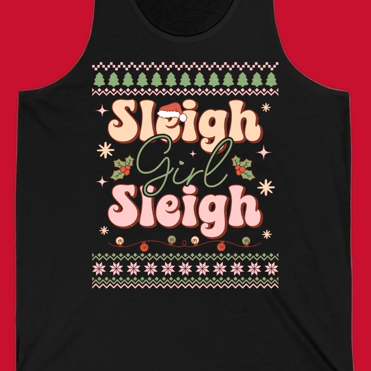 Sleigh Girl Sleigh retro groovy Christmas design with Santa hat, holly, and snowflakes.