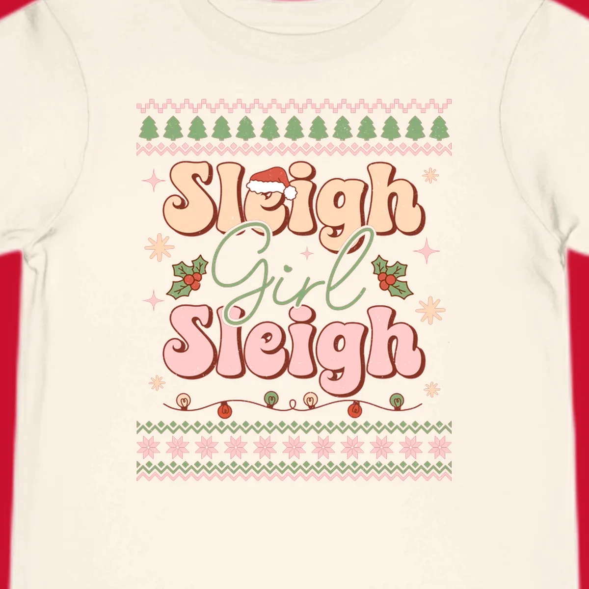 Sleigh Girl Sleigh retro groovy Christmas design with Santa hat, holly, and snowflakes.
