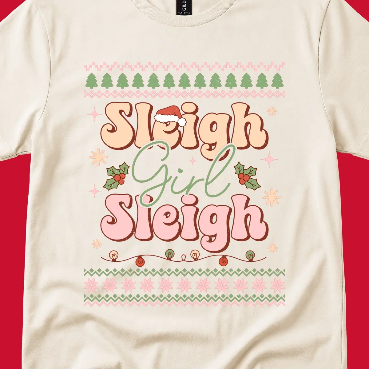 Sleigh Girl Sleigh retro groovy Christmas design with Santa hat, holly, and snowflakes.