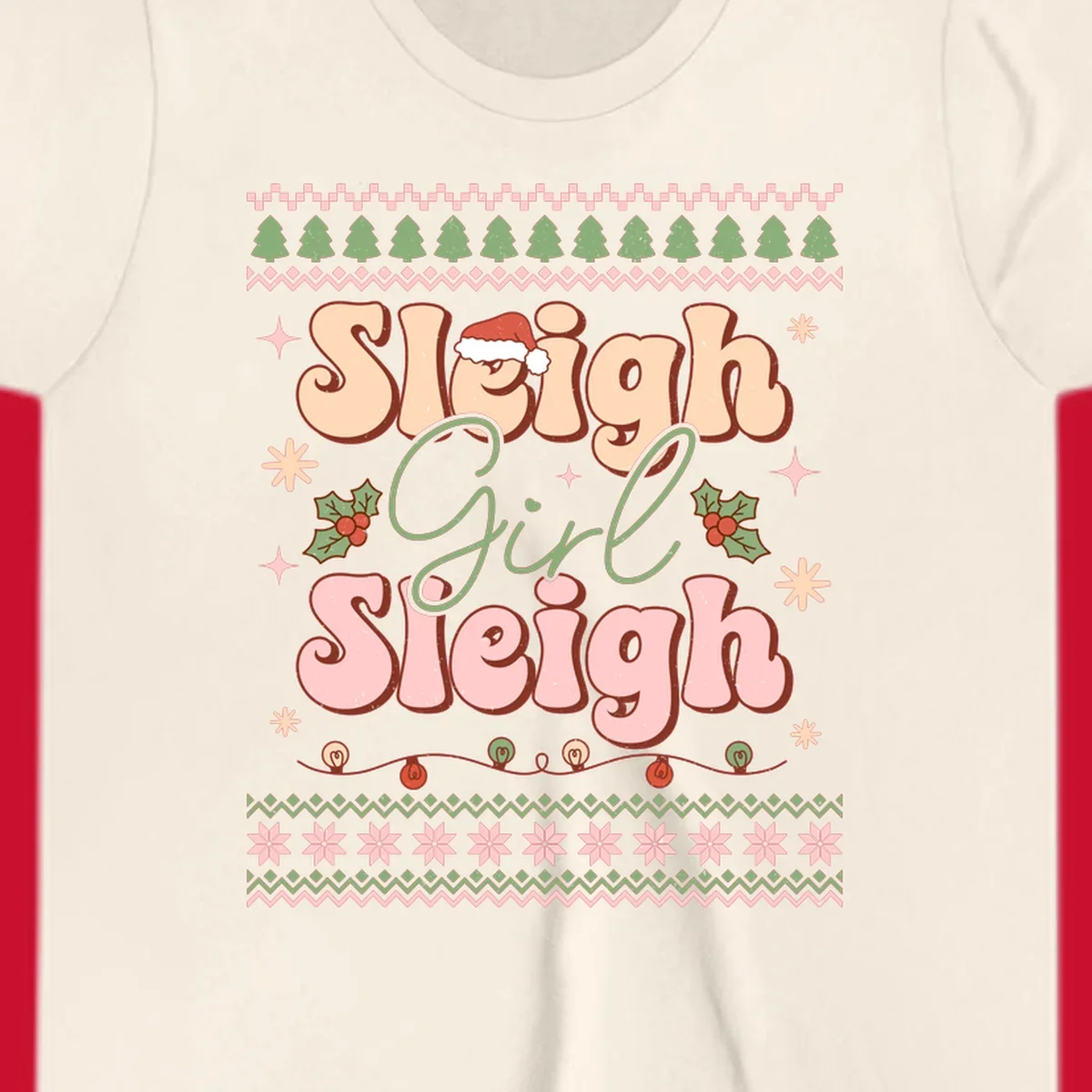 Sleigh Girl Sleigh retro groovy Christmas design with Santa hat, holly, and snowflakes.