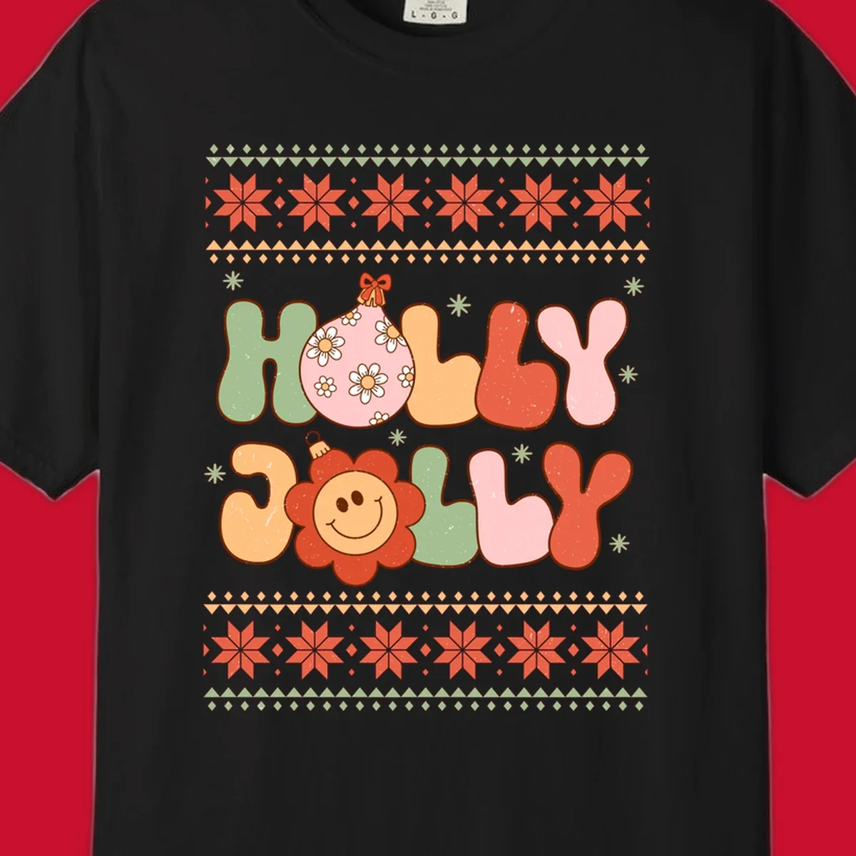 Retro Christmas holly jolly text design with ornaments and smiley flowers.