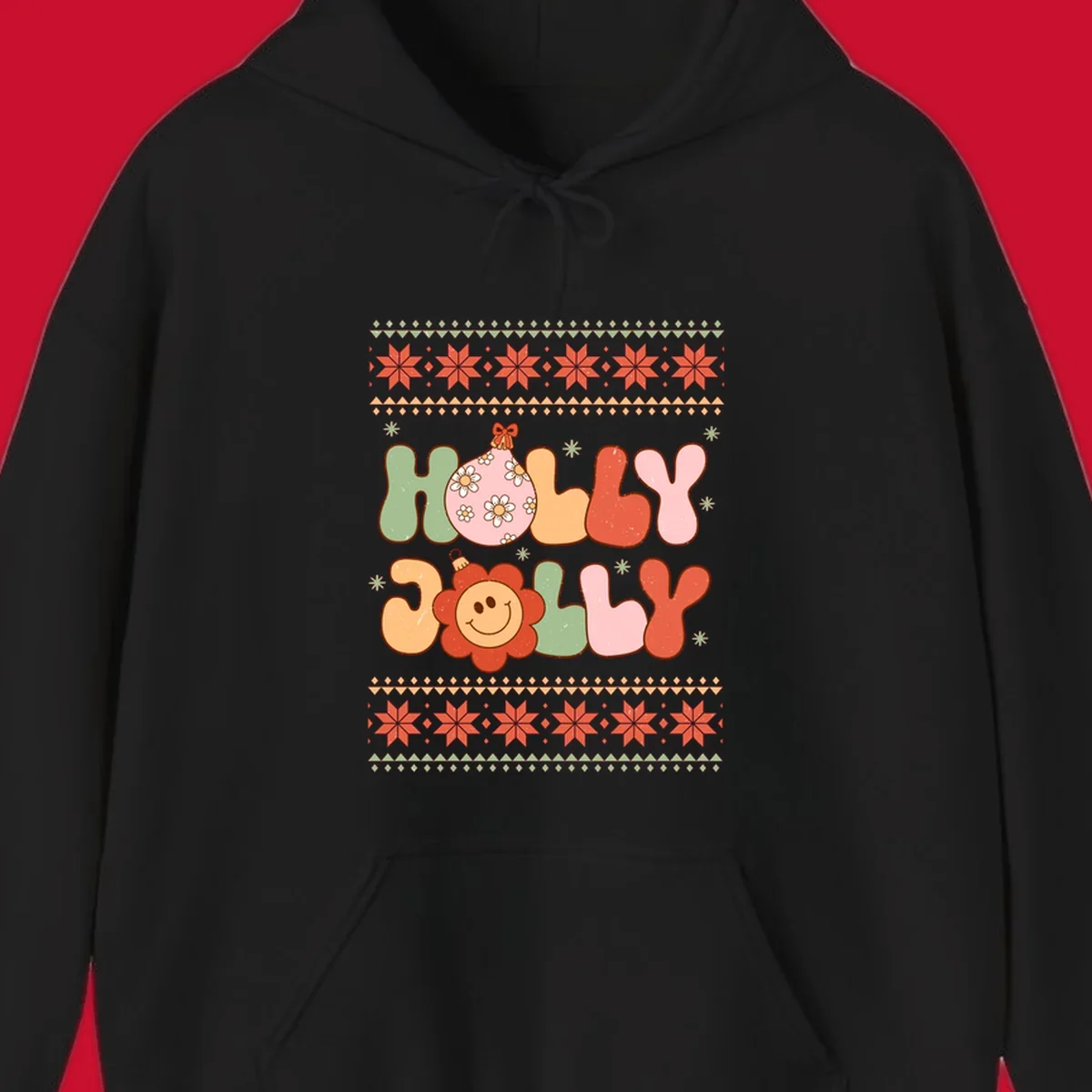 Retro Christmas holly jolly text design with ornaments and smiley flowers.