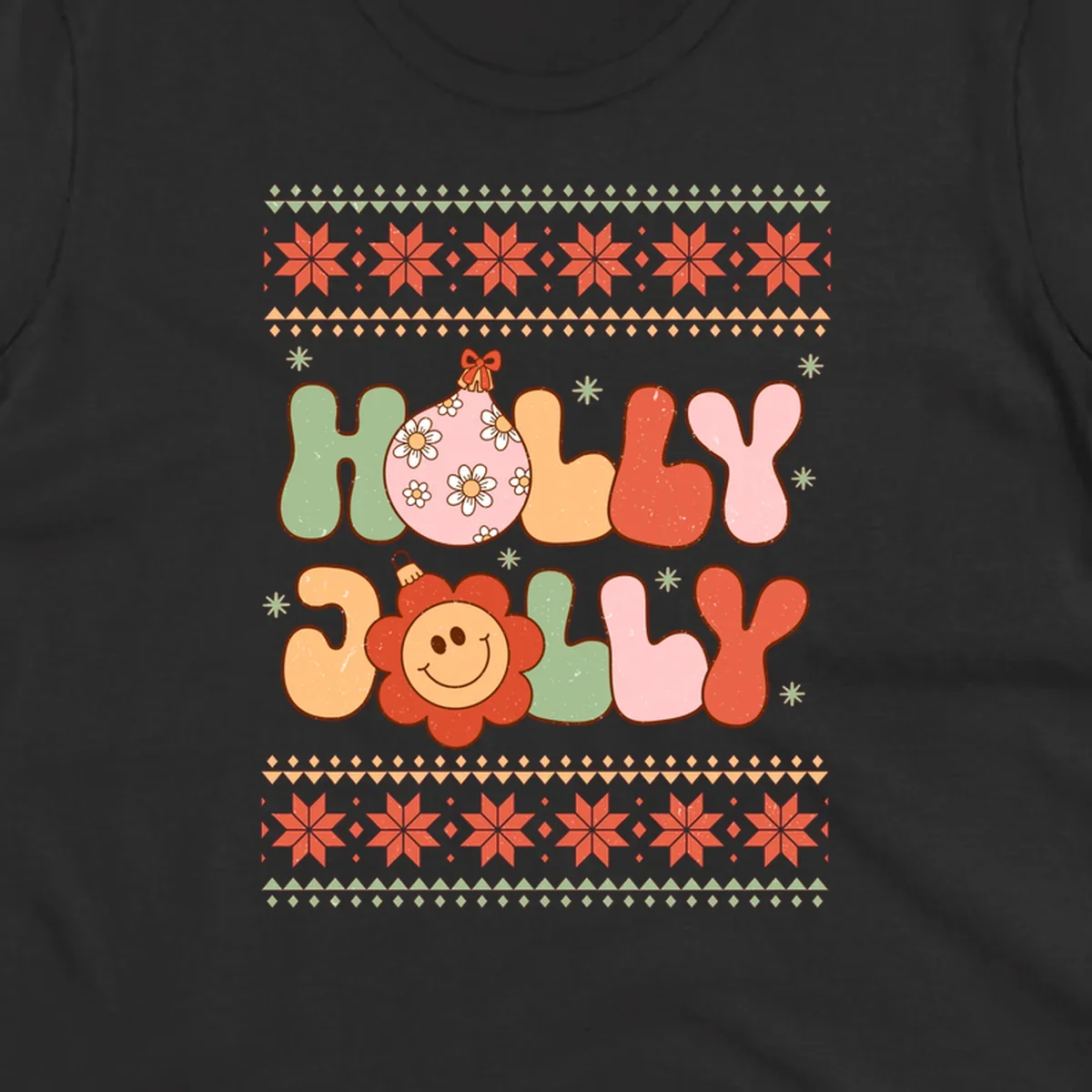 Retro Christmas holly jolly text design with ornaments and smiley flowers.