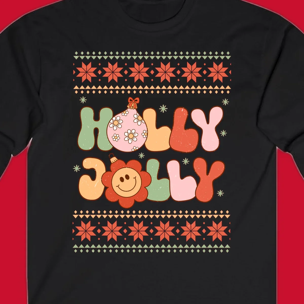 Retro Christmas holly jolly text design with ornaments and smiley flowers.