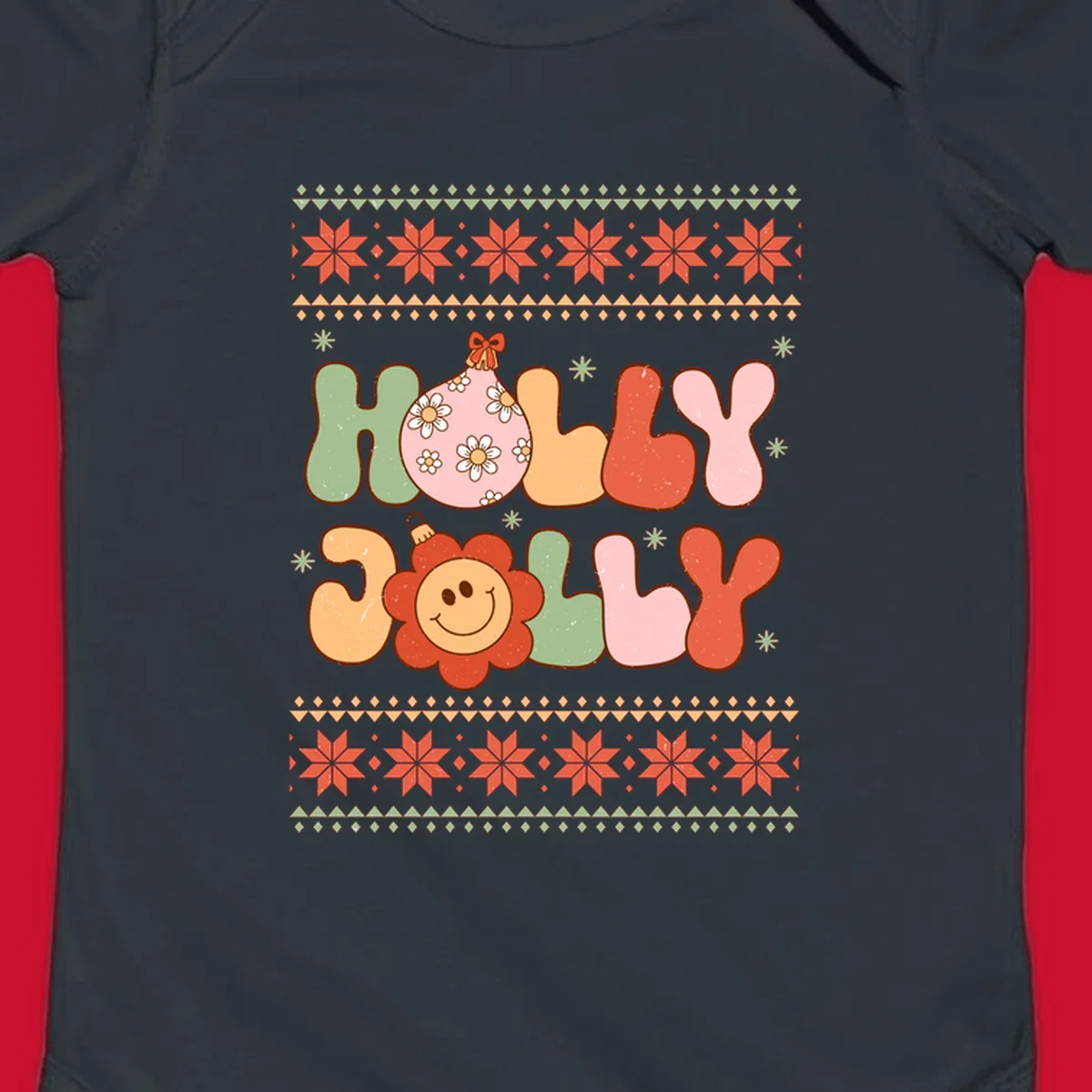 Retro Christmas holly jolly text design with ornaments and smiley flowers.