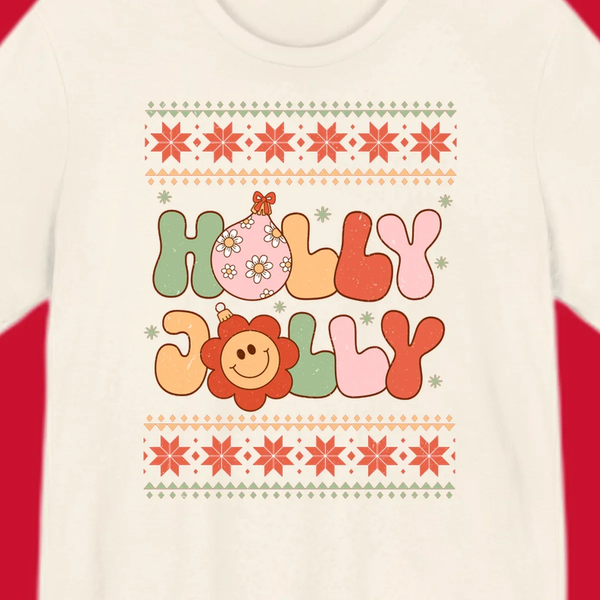 Retro Christmas holly jolly text design with ornaments and smiley flowers.