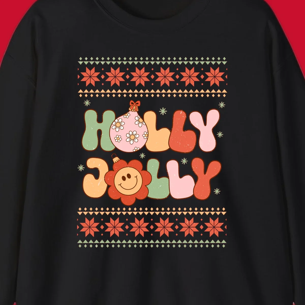 Retro Christmas holly jolly text design with ornaments and smiley flowers.