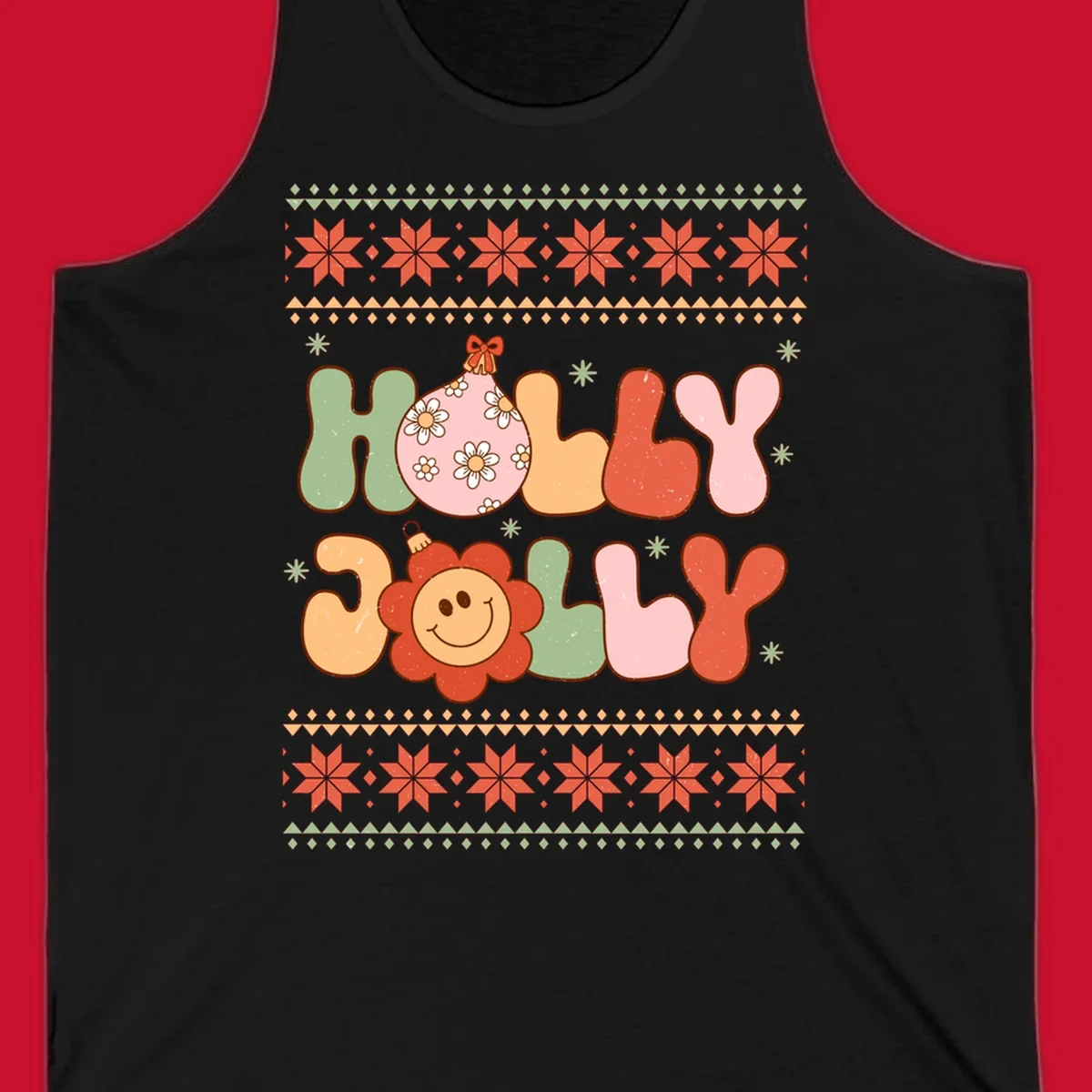 Retro Christmas holly jolly text design with ornaments and smiley flowers.