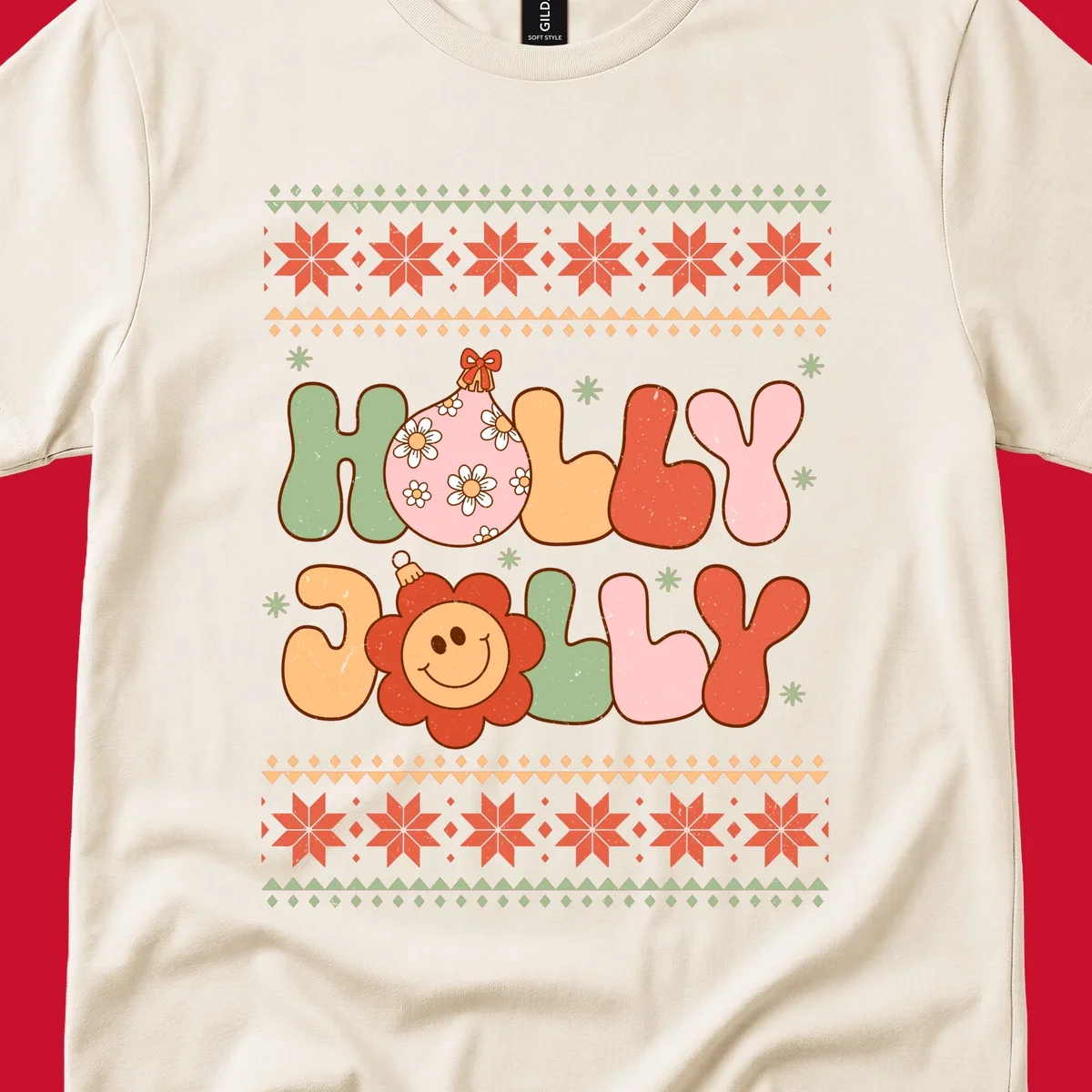 Retro Christmas holly jolly text design with ornaments and smiley flowers.