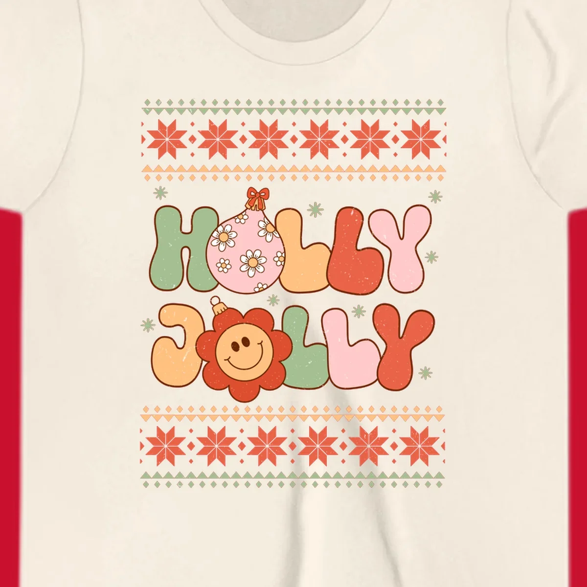 Retro Christmas holly jolly text design with ornaments and smiley flowers.