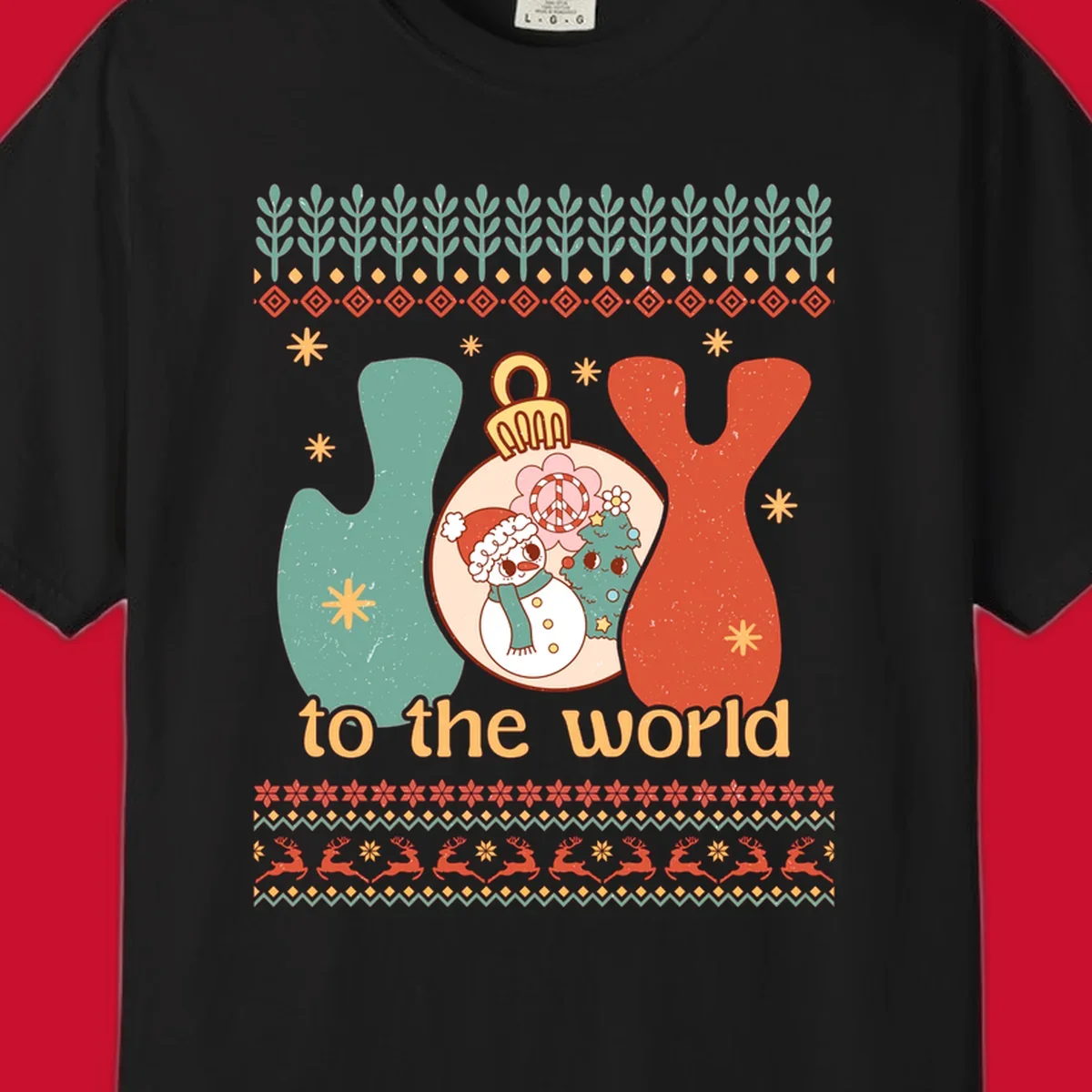 Retro holiday JOY to the world design with snowman, peace sign, and Christmas tree.