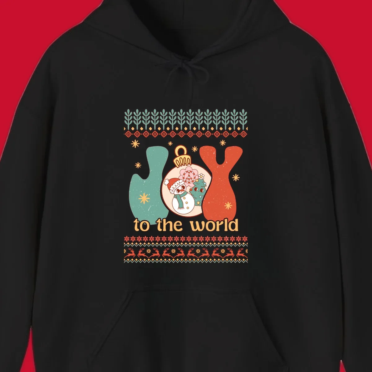 Retro holiday JOY to the world design with snowman, peace sign, and Christmas tree.