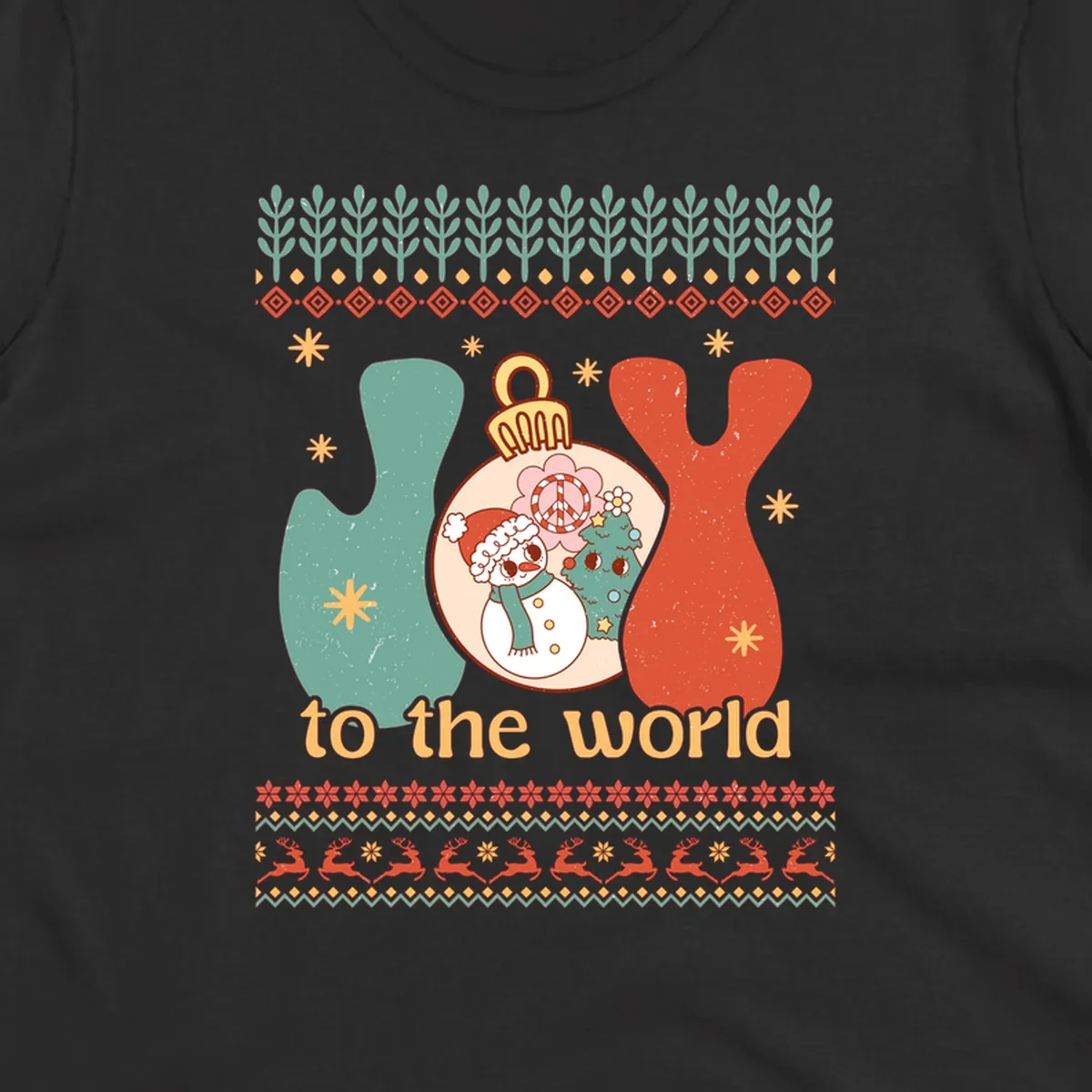 Retro holiday JOY to the world design with snowman, peace sign, and Christmas tree.