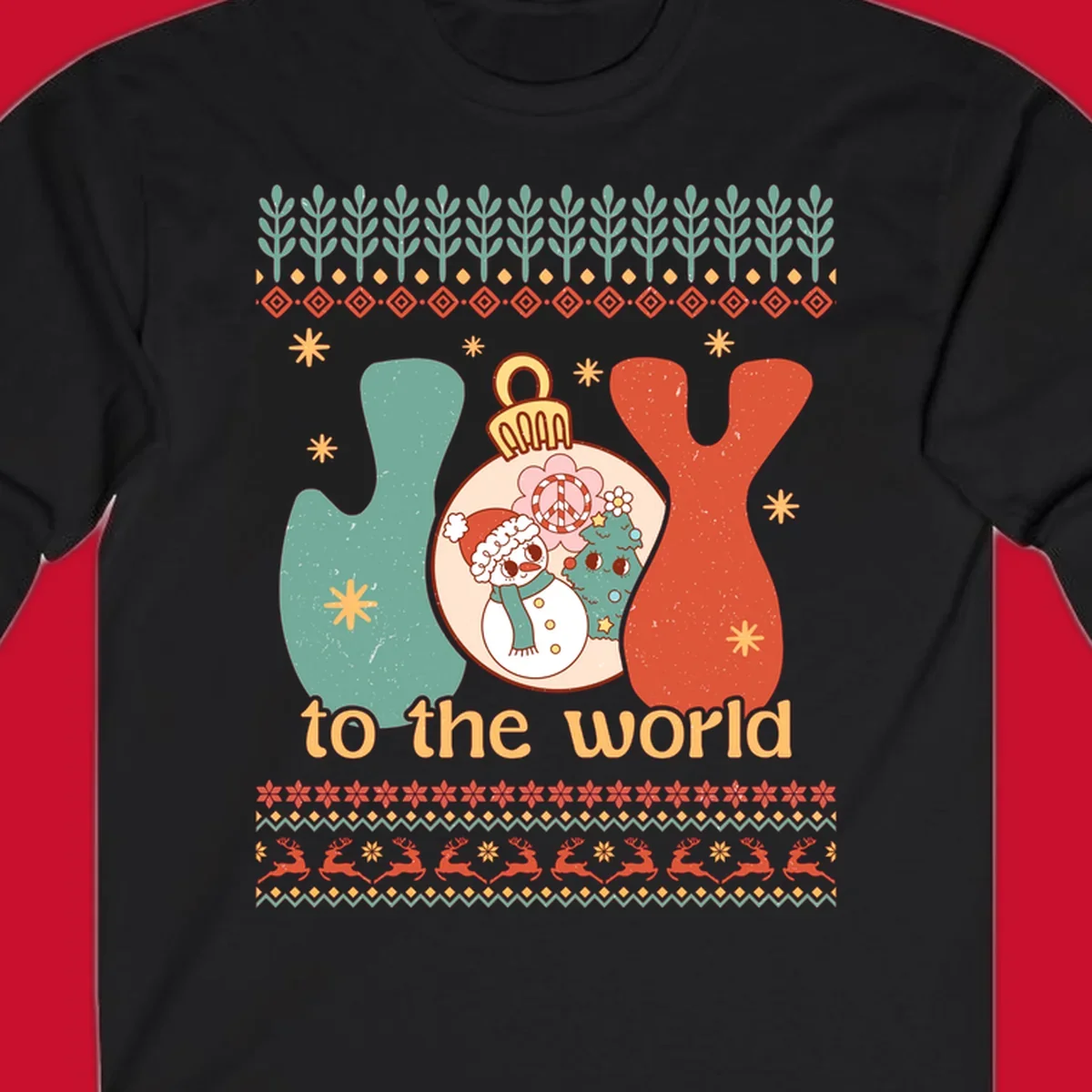 Retro holiday JOY to the world design with snowman, peace sign, and Christmas tree.