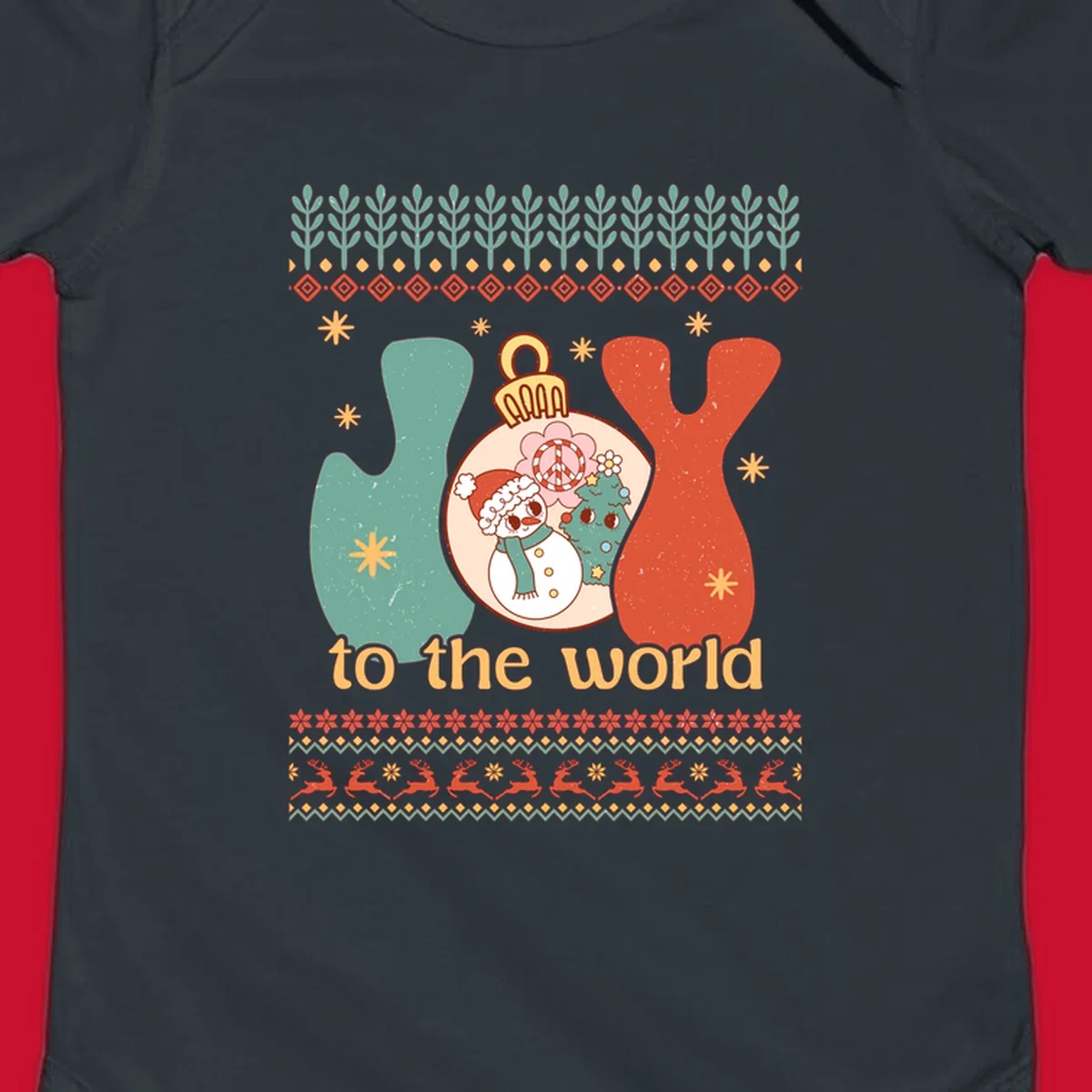 Retro holiday JOY to the world design with snowman, peace sign, and Christmas tree.