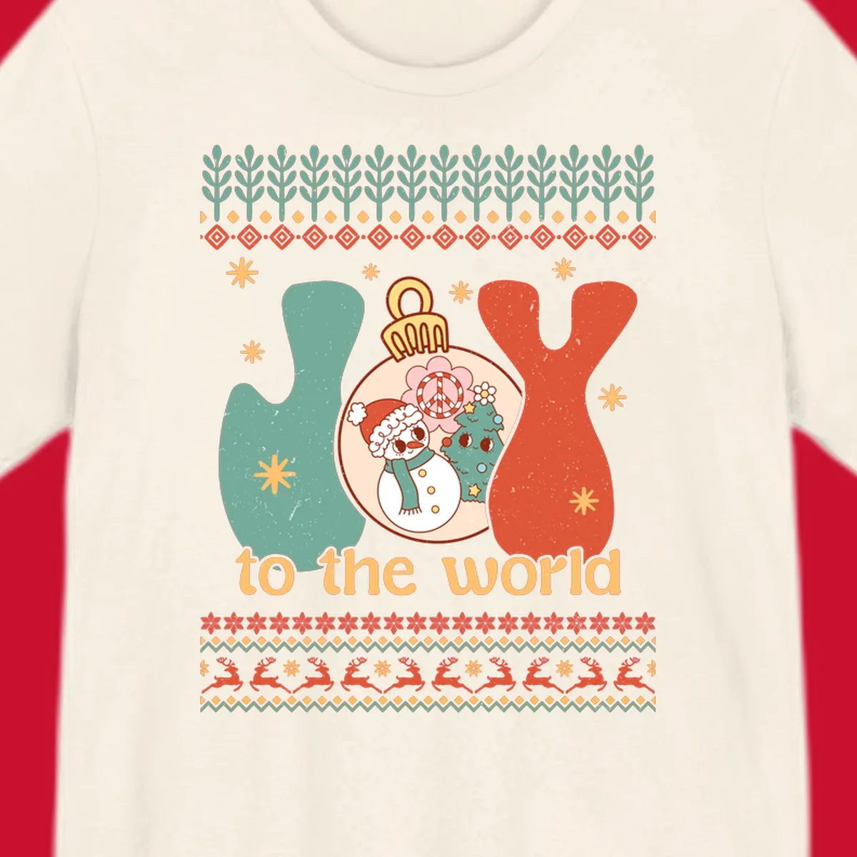 Retro holiday JOY to the world design with snowman, peace sign, and Christmas tree.