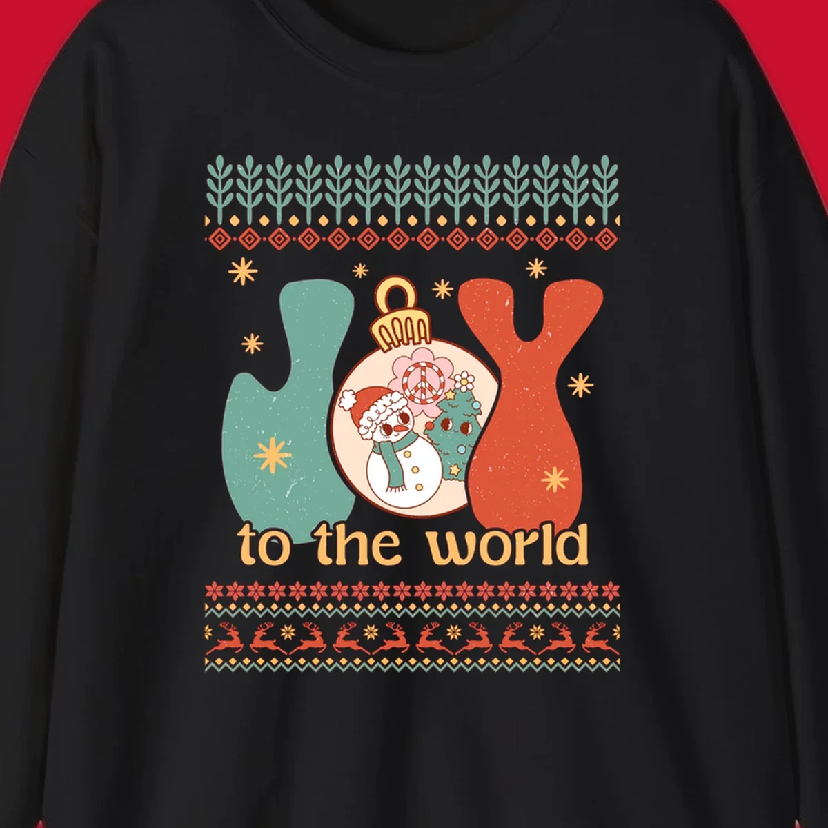 Retro holiday JOY to the world design with snowman, peace sign, and Christmas tree.