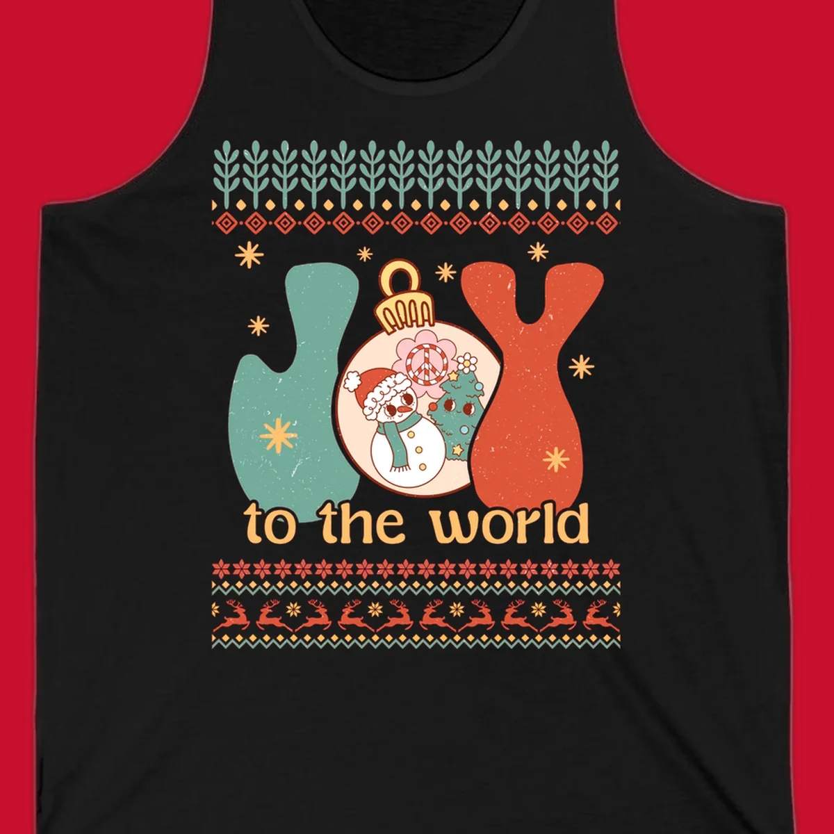 Retro holiday JOY to the world design with snowman, peace sign, and Christmas tree.