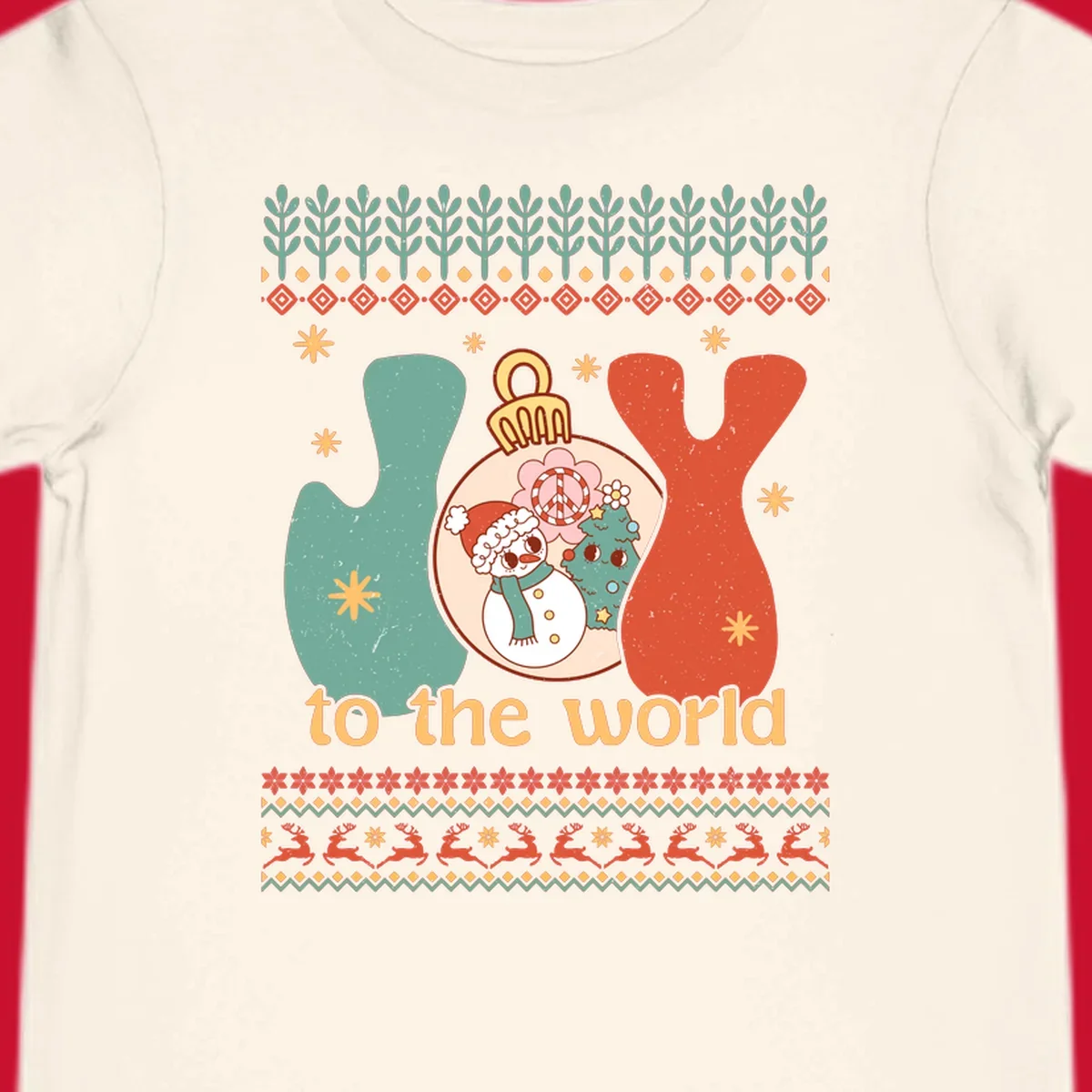Retro holiday JOY to the world design with snowman, peace sign, and Christmas tree.
