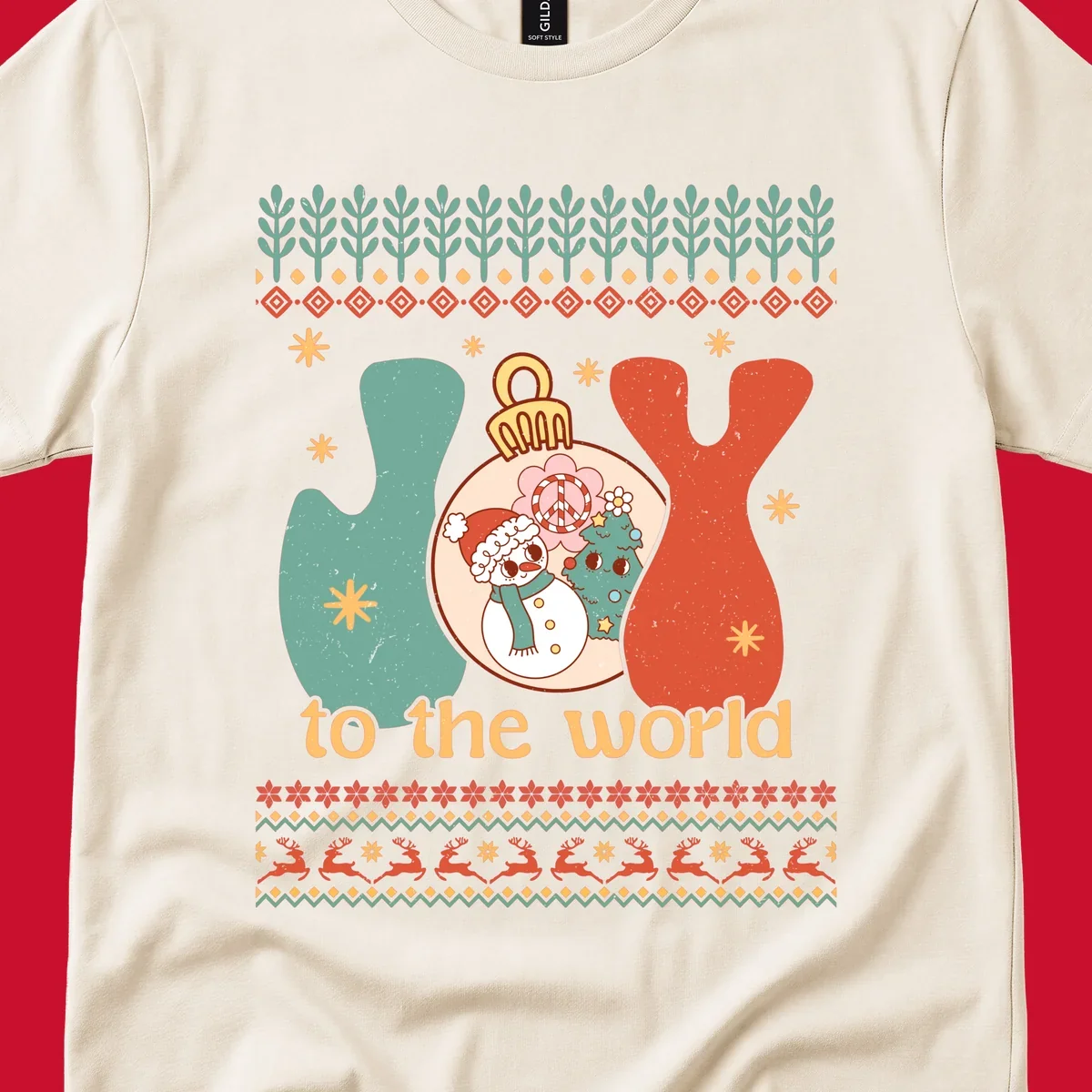 Retro holiday JOY to the world design with snowman, peace sign, and Christmas tree.