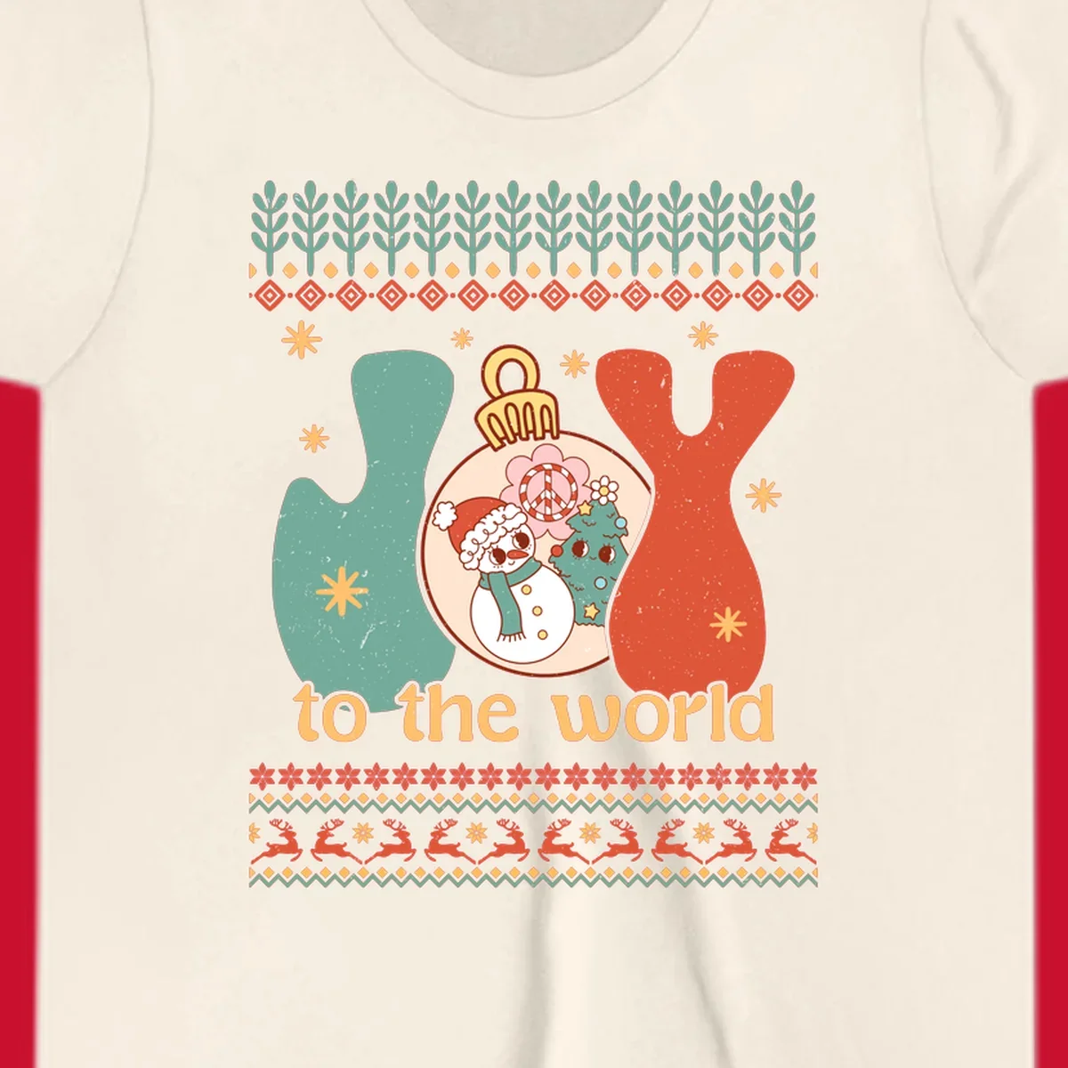 Retro holiday JOY to the world design with snowman, peace sign, and Christmas tree.