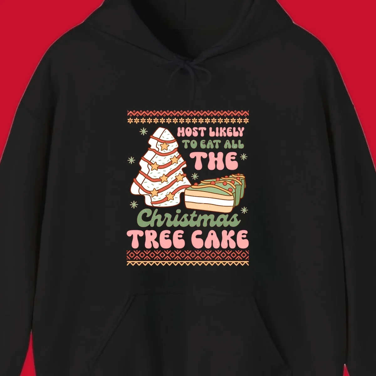 Retro illustration of a Christmas tree cake and slices of cake with text 'Most Likely To Eat All The Christmas Tree Cake'.