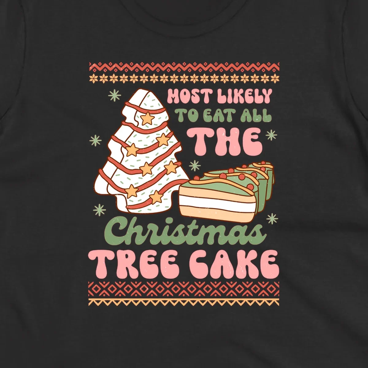 Retro illustration of a Christmas tree cake and slices of cake with text 'Most Likely To Eat All The Christmas Tree Cake'.