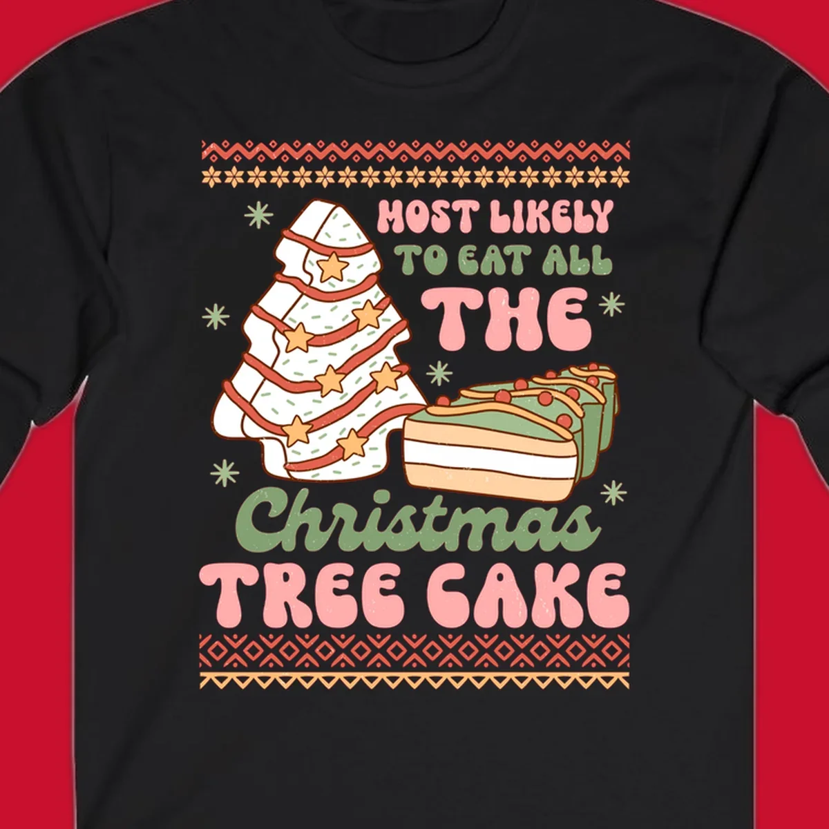 Retro illustration of a Christmas tree cake and slices of cake with text 'Most Likely To Eat All The Christmas Tree Cake'.