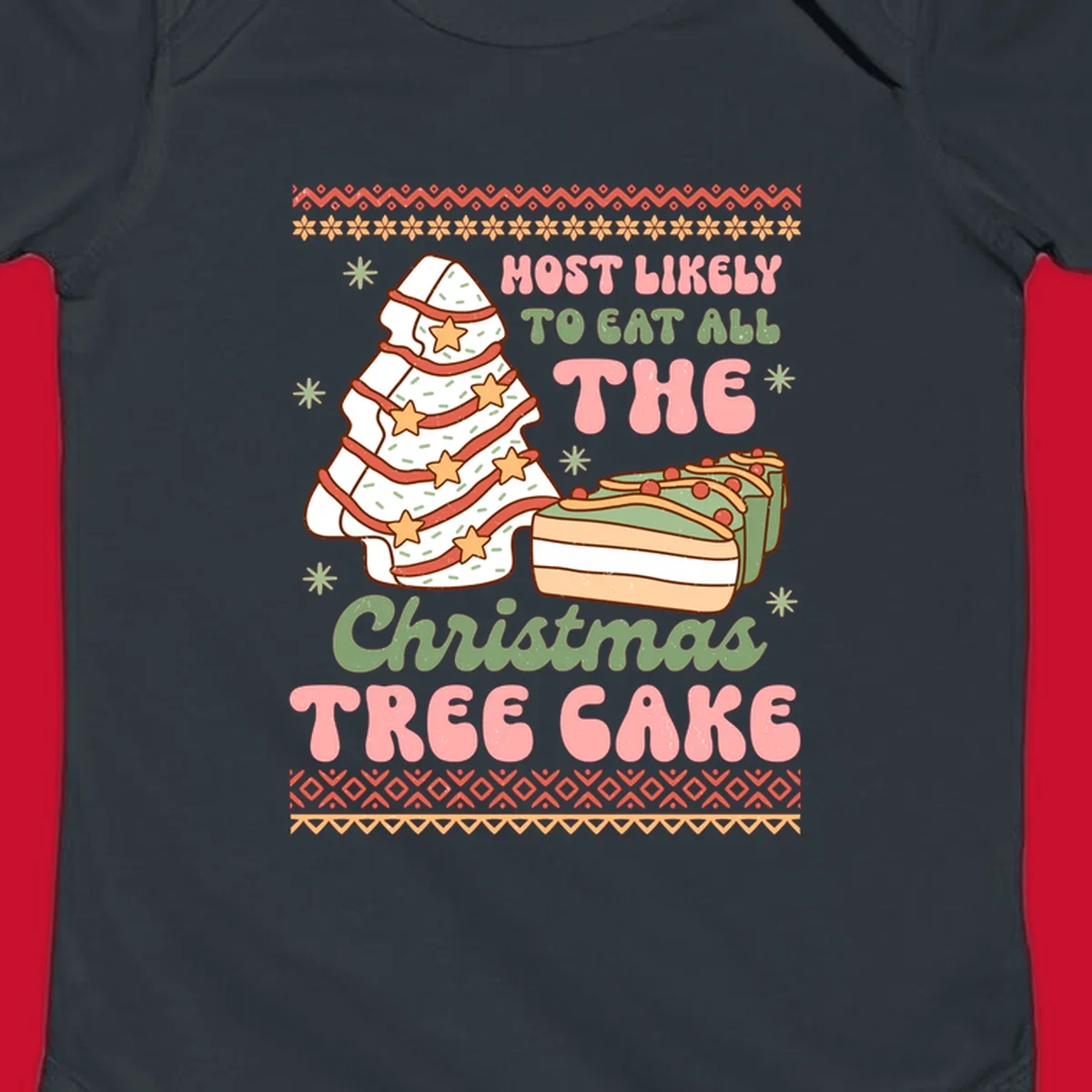 Retro illustration of a Christmas tree cake and slices of cake with text 'Most Likely To Eat All The Christmas Tree Cake'.