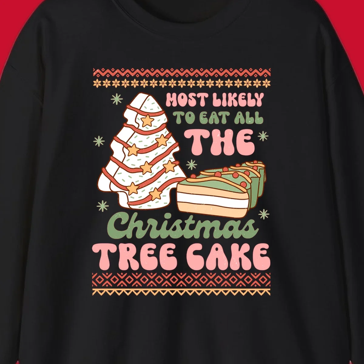 Retro illustration of a Christmas tree cake and slices of cake with text 'Most Likely To Eat All The Christmas Tree Cake'.