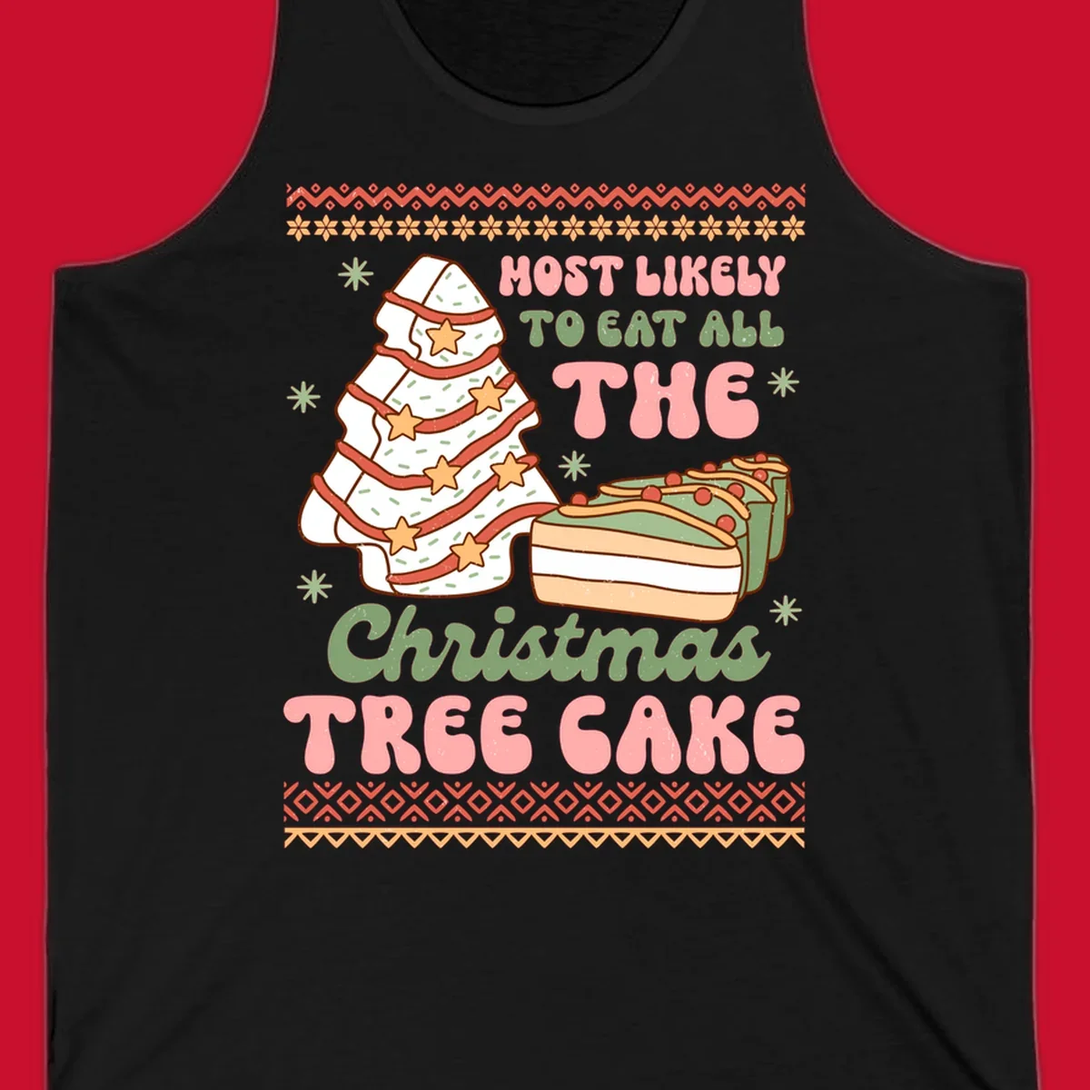 Retro illustration of a Christmas tree cake and slices of cake with text 'Most Likely To Eat All The Christmas Tree Cake'.