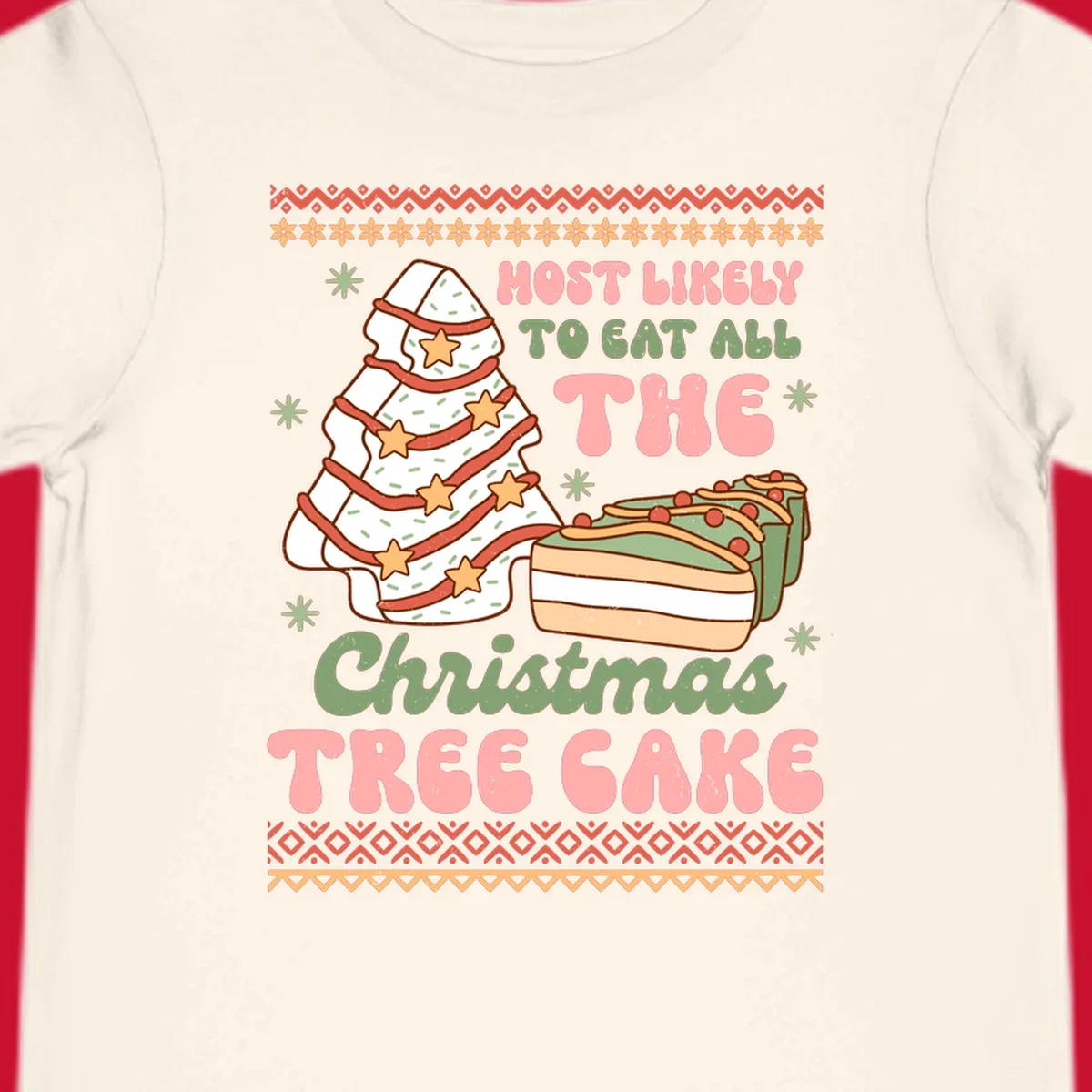 Retro illustration of a Christmas tree cake and slices of cake with text 'Most Likely To Eat All The Christmas Tree Cake'.