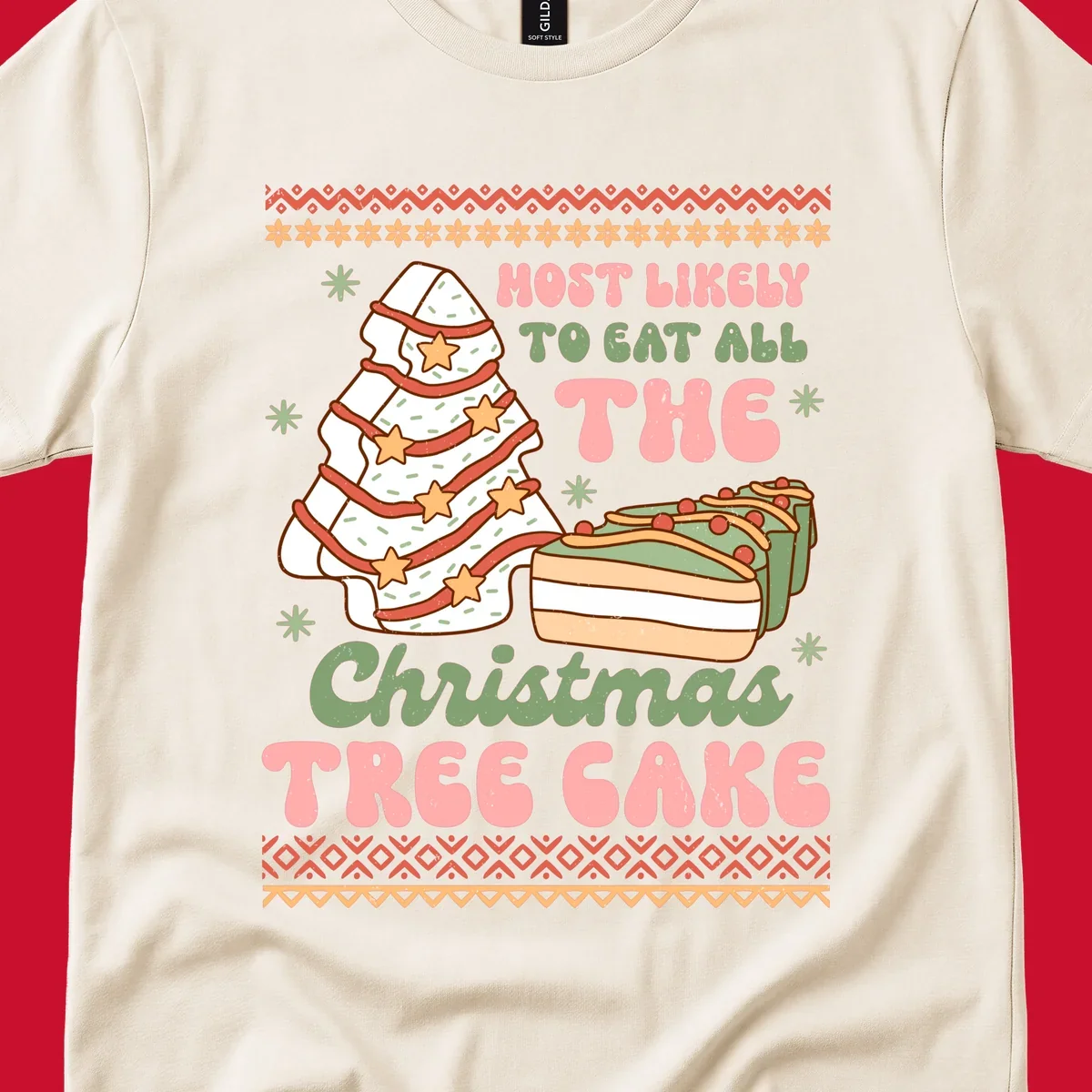 Retro illustration of a Christmas tree cake and slices of cake with text 'Most Likely To Eat All The Christmas Tree Cake'.