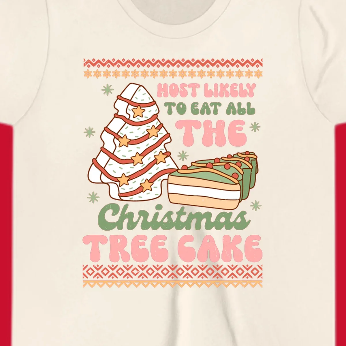 Retro illustration of a Christmas tree cake and slices of cake with text 'Most Likely To Eat All The Christmas Tree Cake'.