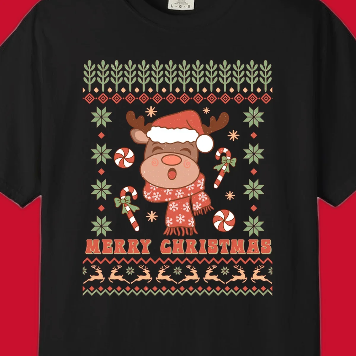 Christmas reindeer ugly sweater with santa hat, candy canes, and Merry Christmas text.
