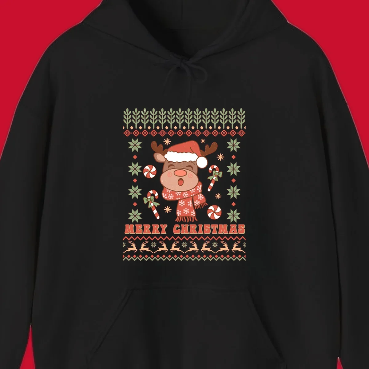 Christmas reindeer ugly sweater with santa hat, candy canes, and Merry Christmas text.