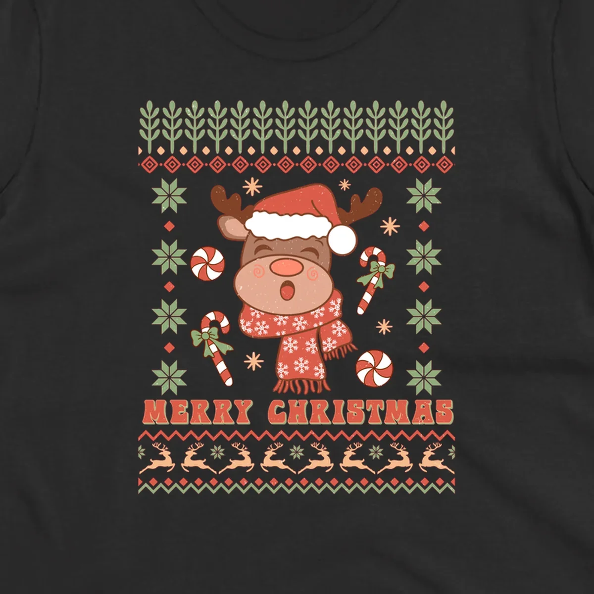Christmas reindeer ugly sweater with santa hat, candy canes, and Merry Christmas text.