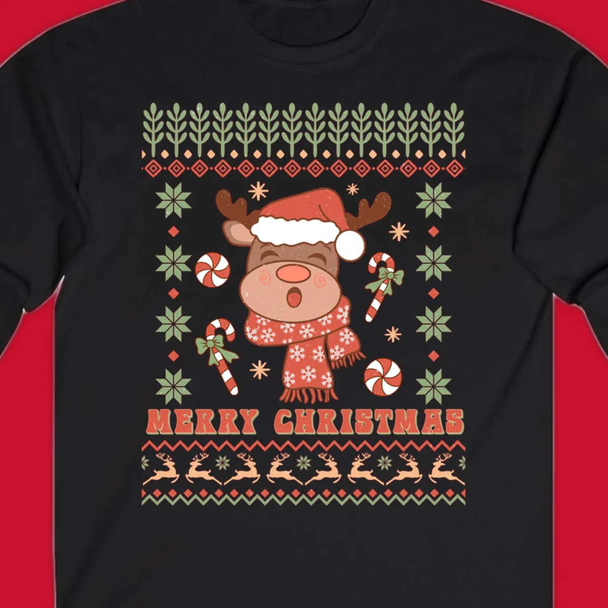 Christmas reindeer ugly sweater with santa hat, candy canes, and Merry Christmas text.
