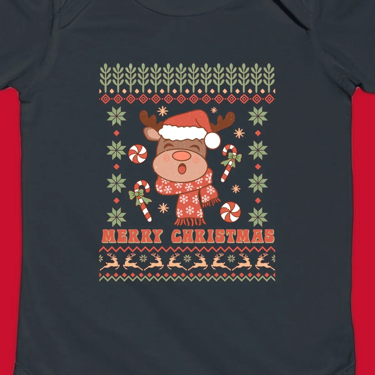 Christmas reindeer ugly sweater with santa hat, candy canes, and Merry Christmas text.