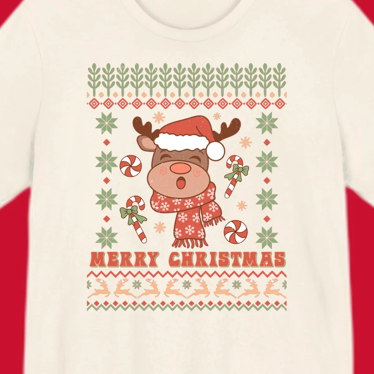 Christmas reindeer ugly sweater with santa hat, candy canes, and Merry Christmas text.