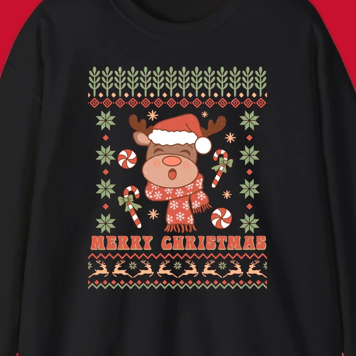 Christmas reindeer ugly sweater with santa hat, candy canes, and Merry Christmas text.