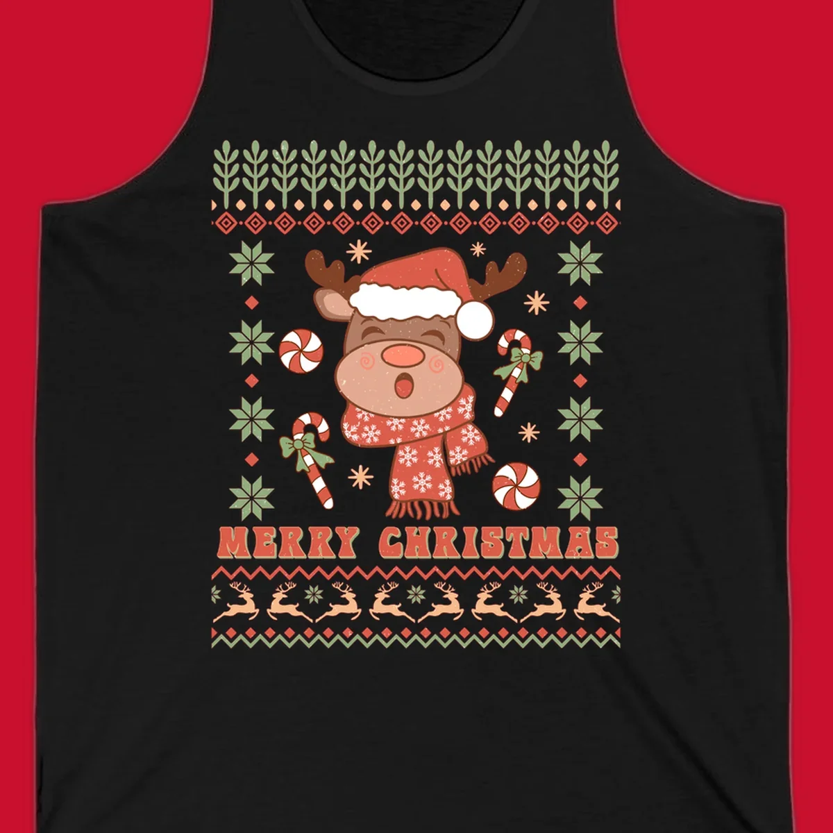Christmas reindeer ugly sweater with santa hat, candy canes, and Merry Christmas text.