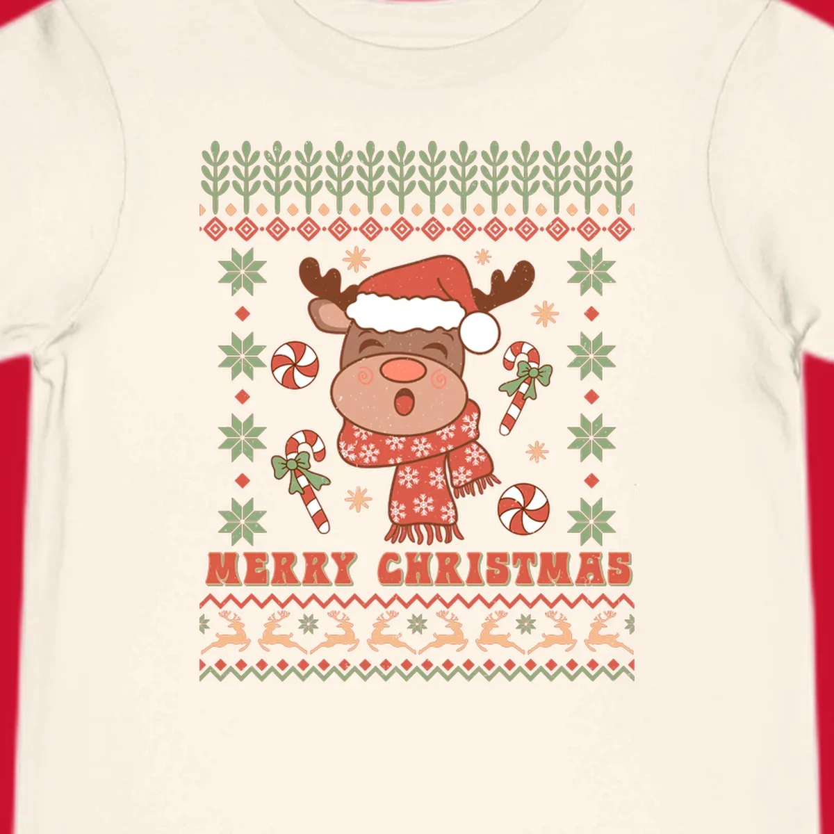 Christmas reindeer ugly sweater with santa hat, candy canes, and Merry Christmas text.