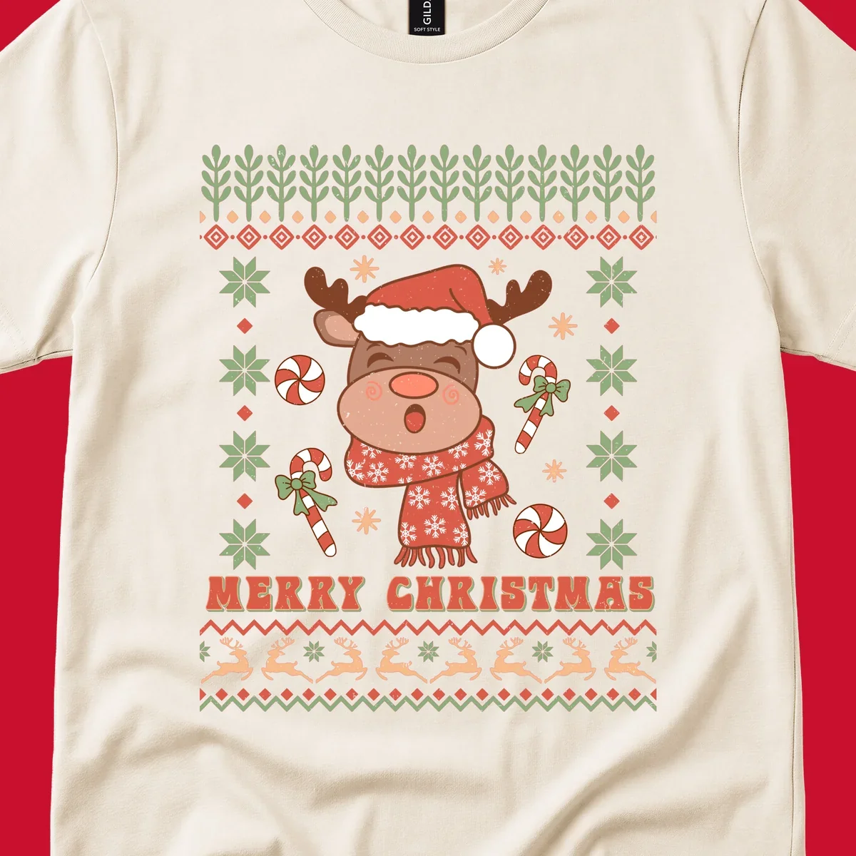 Christmas reindeer ugly sweater with santa hat, candy canes, and Merry Christmas text.
